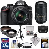 Nikon D3200 Digital SLR Camera & 18-55mm G VR DX AF-S Zoom Lens (Black) + 55-300mm VR Lens + 32GB Card + Case + Filters + Tripod + Telephoto & Wide-Angle Lens Kit