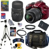 Nikon D3200 24.2 MP CMOS Digital SLR Camera (Red) with 18-55mm f/3.5-5.6G AF-S DX VR Lens and Sigma 70-300mm f/4-5.6 SLD DG Macro Lens with built in motor + EN-EL14 Battery + 10pc Bundle 32GB Deluxe Accessory Kit