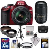 Nikon D3200 Digital SLR Camera & 18-55mm G VR DX AF-S Zoom Lens (Red) + 55-300mm VR Lens + 32GB Card + Case + Filters + Tripod + Telephoto & Wide-Angle Lens Kit