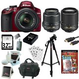 Nikon D3200 24.2 MP CMOS Digital SLR Camera (Red) with 18-55mm f/3.5-5.6G AF-S DX VR and 55-200mm f/4-5.6G ED IF AF-S DX “VR” Zoom-Nikkor Lenses + EN-EL14 Battery + 32GB Deluxe Accessory Kit